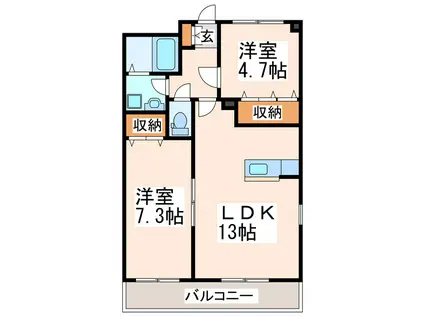 カーネリアン健軍(2LDK/2階)の間取り写真