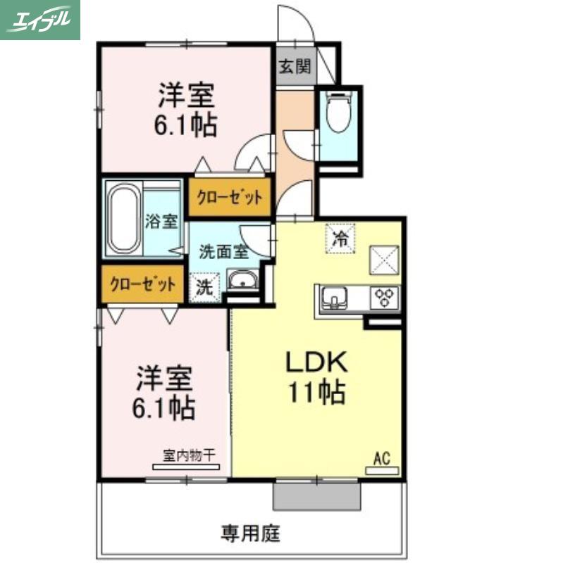 ソレイユB棟(2LDK/1階)の間取り写真