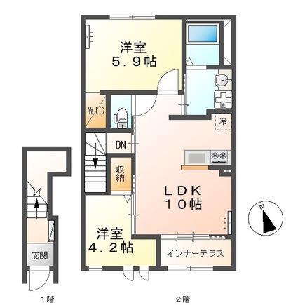 東武宇都宮線 国谷駅 徒歩9分 2階建 築1年(2LDK/2階)の間取り写真