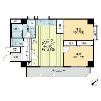 ライオンズマンション上町第2(2LDK/5階)の間取り写真