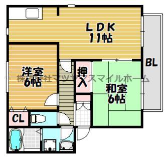 クイーンズヒルB棟(2LDK/2階)の間取り写真