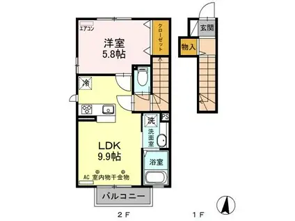 アオーラ泉 B 箱森町(1LDK/2階)の間取り写真