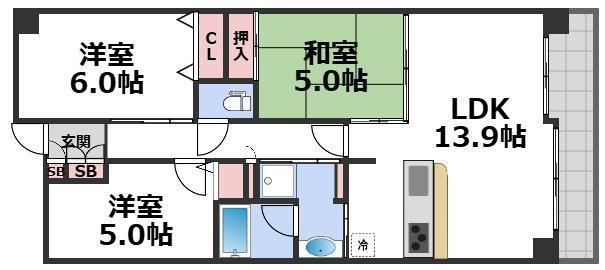 レジディア都島I(3LDK/6階)の間取り写真