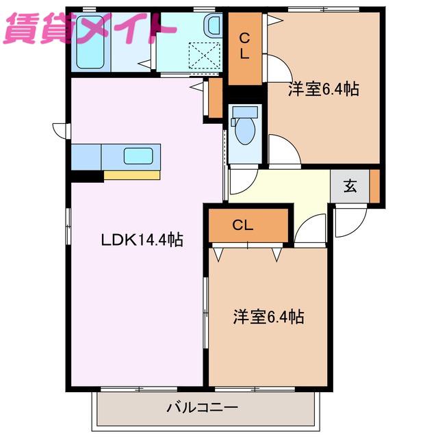 ESPACE B棟(2LDK/2階)の間取り写真