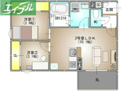 REGALEST 庭瀬II(2LDK/3階)の間取り写真