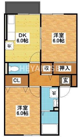 サンライズヒル福田D棟(2DK/1階)の間取り写真