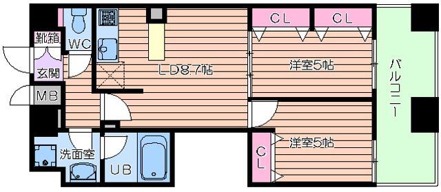 レジディア心斎橋ウエスト(2LDK/11階)の間取り写真