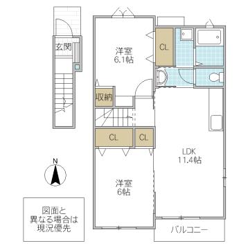 グラント ステージ B(2LDK/2階)の間取り写真