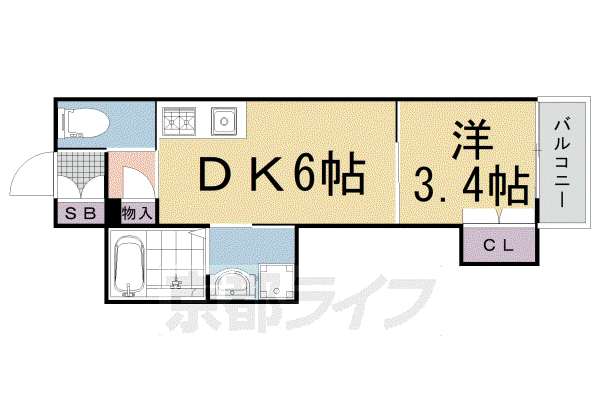 アクアプレイス京都二条城北(1DK/3階)の間取り写真