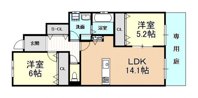 グランディール法善寺(2LDK/1階)の間取り写真