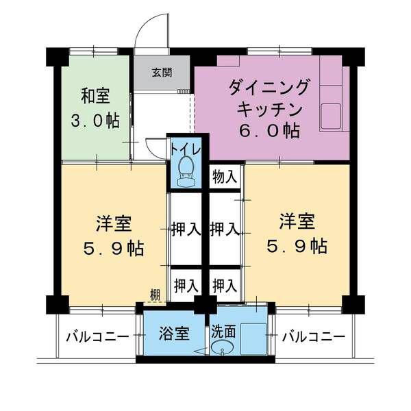 ビレッジハウス紀三井寺2号棟(3DK/5階)の間取り写真