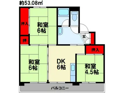 ビレッジハウス頴田2号棟(3DK/1階)の間取り写真