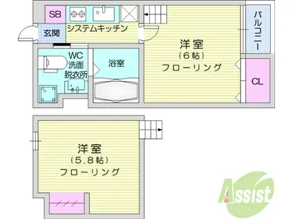 CHEERLIVE仙台宮町(1K/1階)の間取り写真