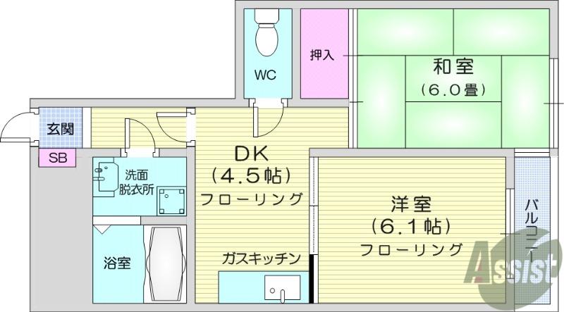 黄葉ビル銀杏町(2DK/1階)の間取り写真