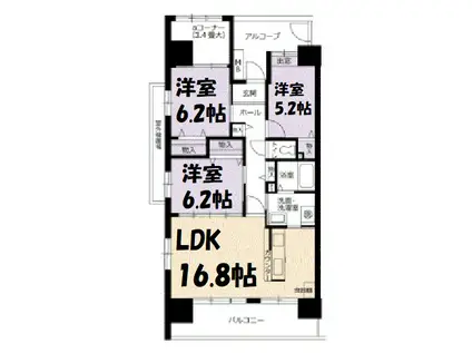 アーバンラフレ鶴舞公園 1号棟(3LDK/2階)の間取り写真
