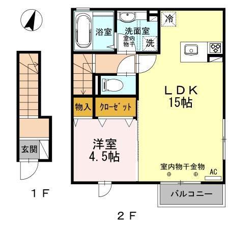 ブライトリー木曳野(1LDK/2階)の間取り写真