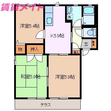 ロイヤルタウン C棟(3K/1階)の間取り写真