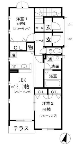 小田急線 経堂駅 徒歩10分 2階建 築11年(2LDK/1階)の間取り写真