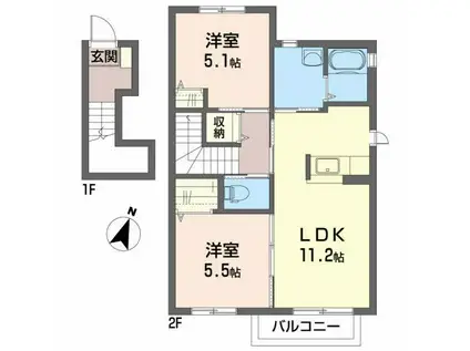 ベルメゾン桑野B(2LDK/2階)の間取り写真