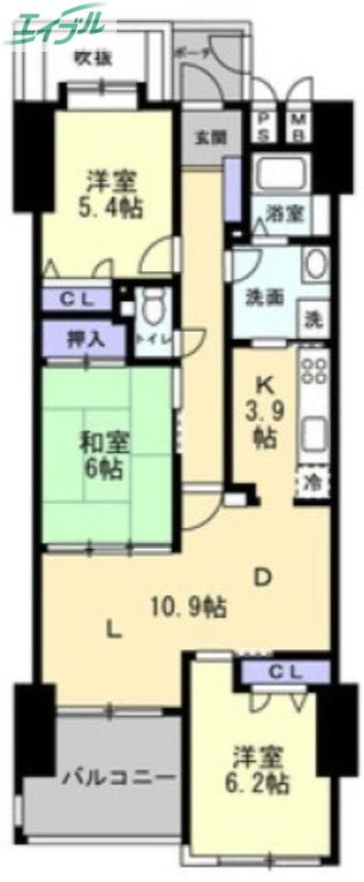 サーパス東古松(3LDK/3階)の間取り写真