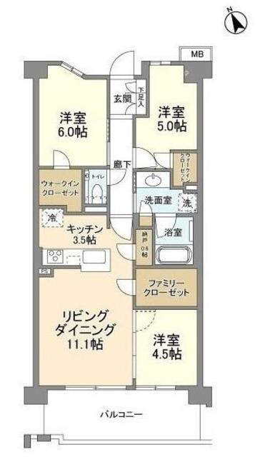 プラウド川崎矢向(3LDK/4階)の間取り写真