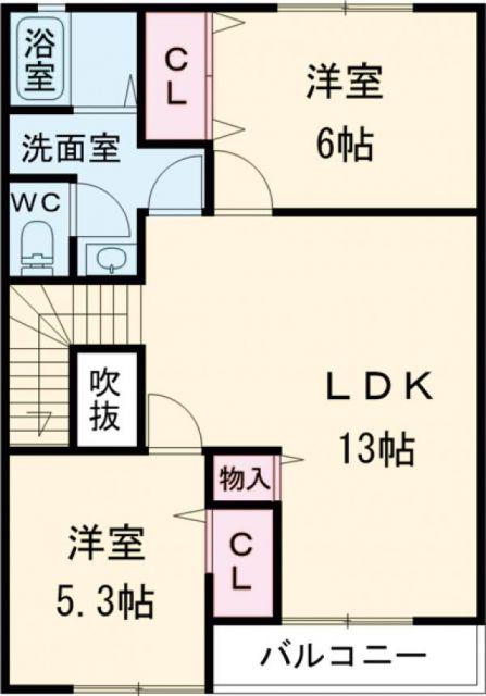 ラ・ポールメゾン北野 B棟(2LDK/2階)の間取り写真