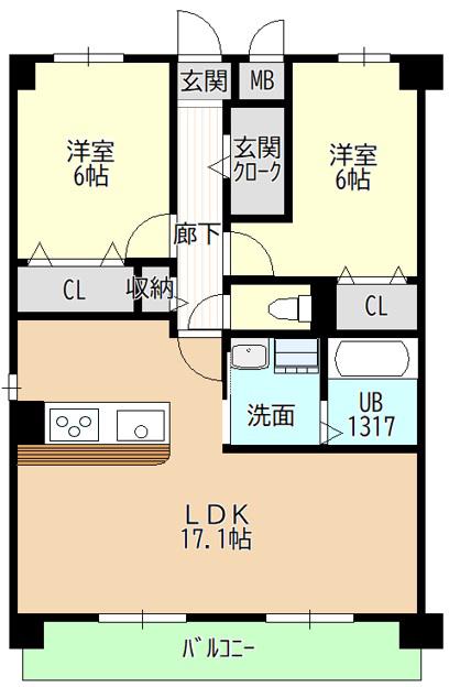 ヒルザコートII(2LDK/3階)の間取り写真