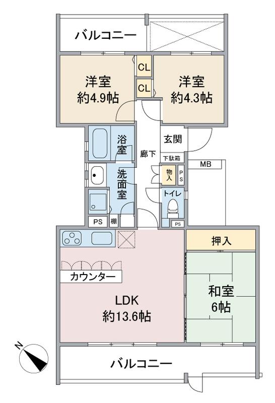 ハイツ東戸塚2 B棟(3LDK/1階)の間取り写真
