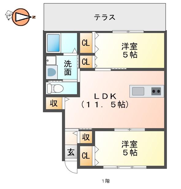 ピース・エルヴィータA棟(2LDK/1階)の間取り写真
