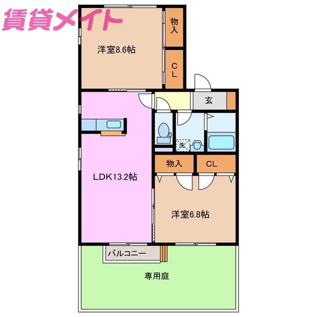 マウントクックB(2LDK/1階)の間取り写真