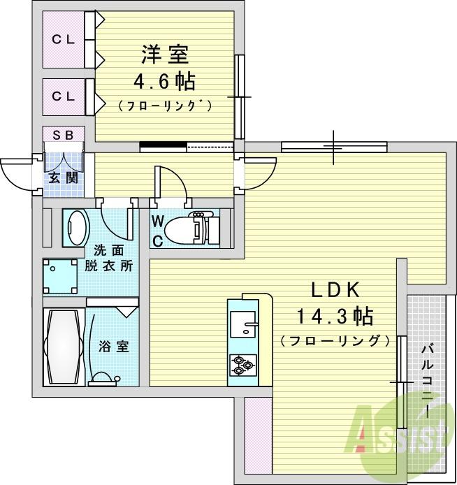 アルデバラン新高(1LDK/2階)の間取り写真