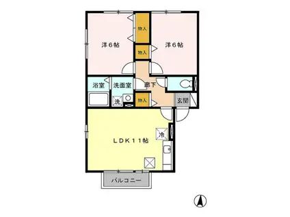 アバンティーヌ淵野辺A(2LDK/1階)の間取り写真