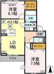 ルリアン小田原(2LDK/1階)の間取り写真