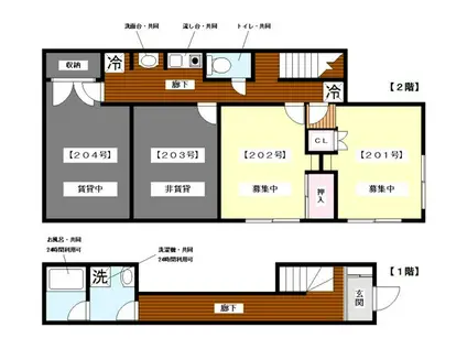 宝角アパート(ワンルーム/2階)の間取り写真