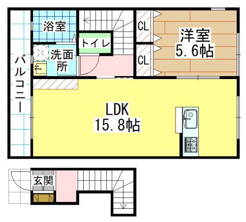 ルネス若園A棟(1LDK/2階)の間取り写真