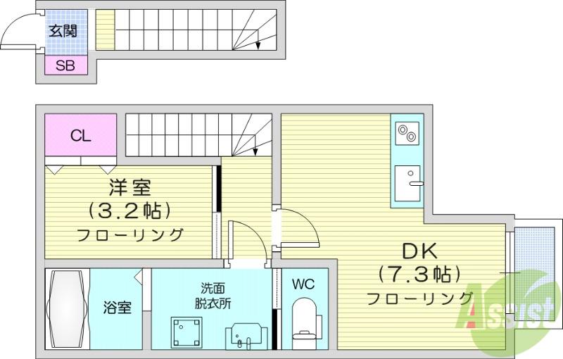 シエル宮町2(1DK/2階)の間取り写真