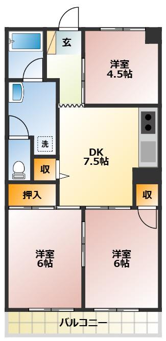 パークハイツ岡野(3DK/4階)の間取り写真