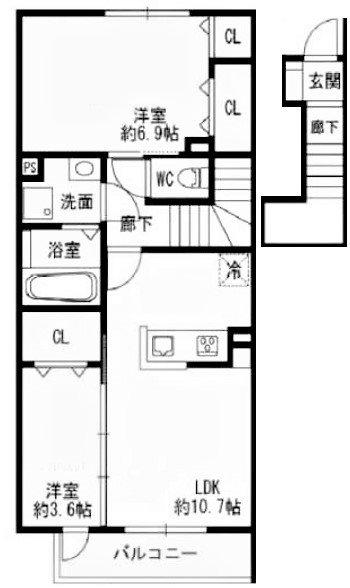 フェーブ千代が丘(2LDK/2階)の間取り写真