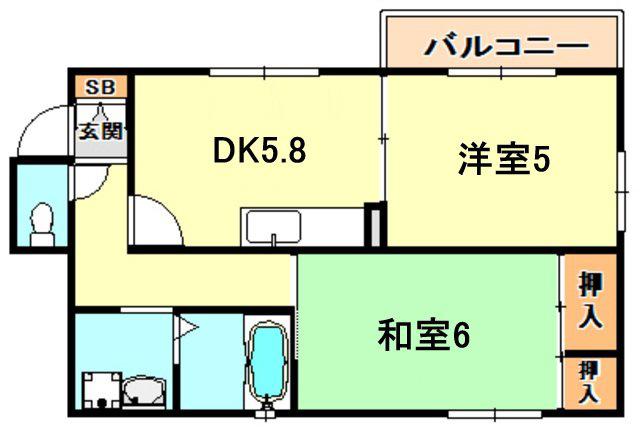 リビング六甲ウエストB(2DK/1階)の間取り写真