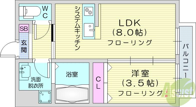 SYM五橋2(1LDK/3階)の間取り写真