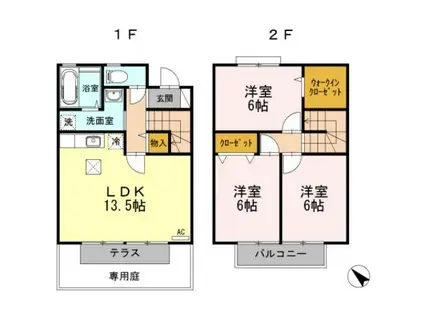 ローズガーデン土器東 A棟(3LDK/2階)の間取り写真