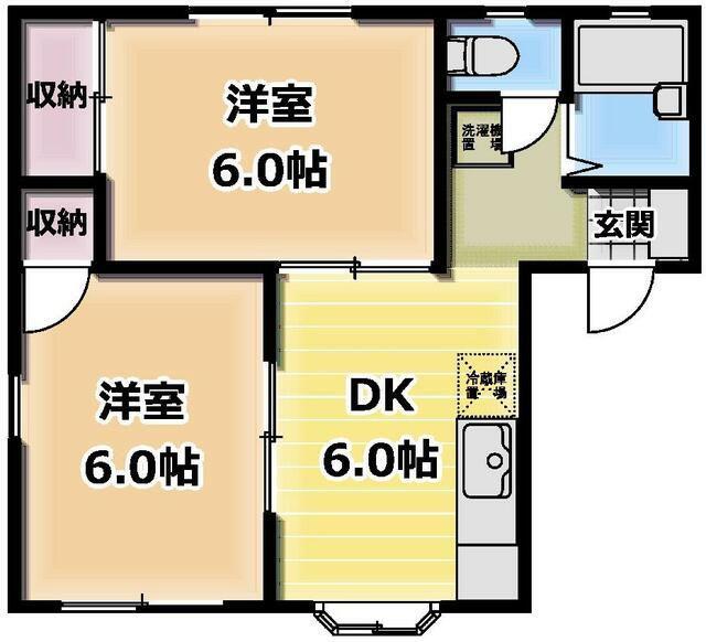 クローバーハイツB(2DK/1階)の間取り写真