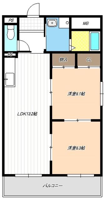 第5グランドハイツ鬼頭(2LDK/3階)の間取り写真