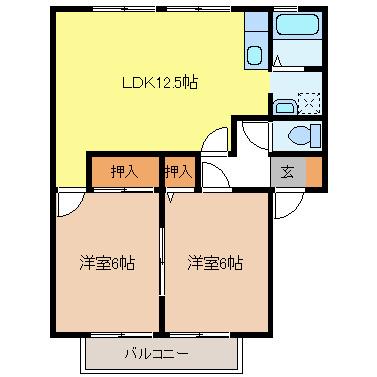 サンビレッジ北長野B棟(2LDK/1階)の間取り写真