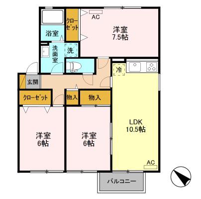 シャンドフレール黒崎D棟(3LDK/2階)の間取り写真