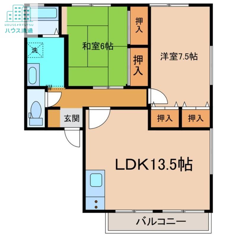 ハイカムールはたぐちB(2LDK/2階)の間取り写真