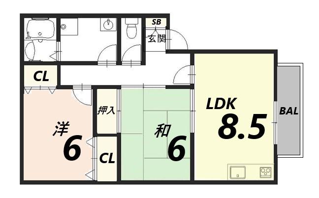 ハイカムールエレガンス(2LDK/2階)の間取り写真
