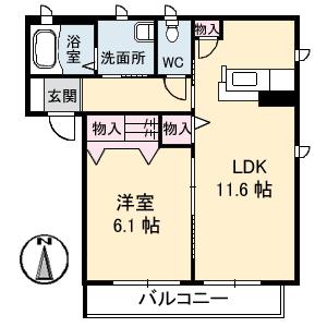 プログレスC棟(1LDK/2階)の間取り写真