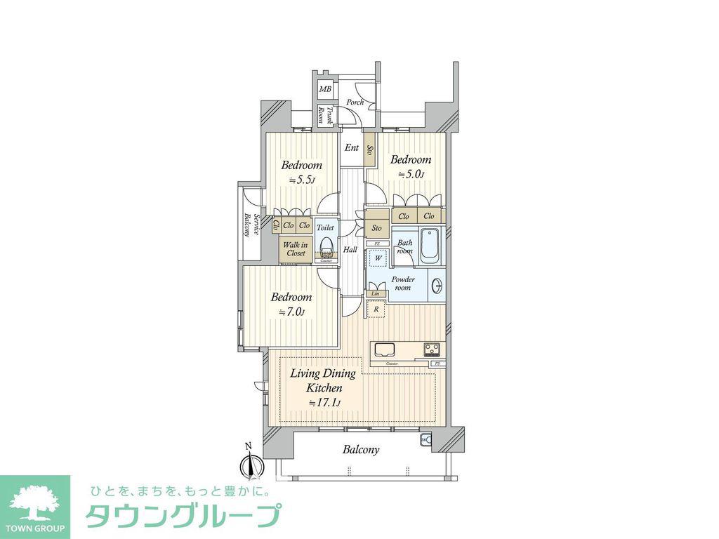 プレサンスグラン川名(3LDK/11階)の間取り写真