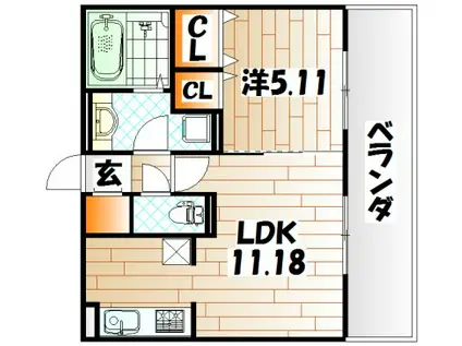 ラウンドシティ足原(1LDK/1階)の間取り写真